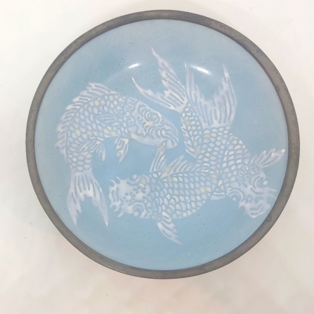 Koi Fish Porcelain and Pewter Bowl